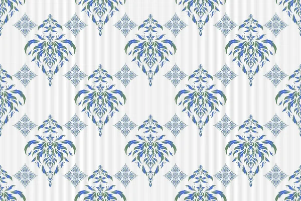 纺织品印花东方饰品 伊斯兰栅栏设计 白色背景上的绿色和蓝色无缝图案 — 图库照片