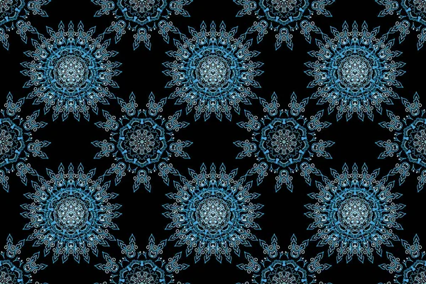 Raster illustration. Cutout paper lace texture, raster tulle background, swirly seamless pattern in blue colors.