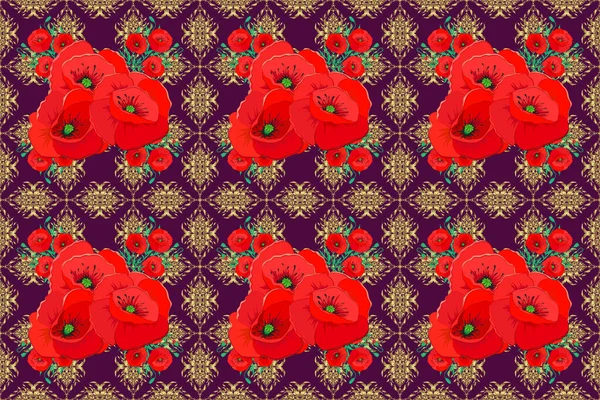 Raster Naadloos Bloemenpatroon Met Papaver Bloemen Bladeren Neutrale Paarse Rode — Stockfoto