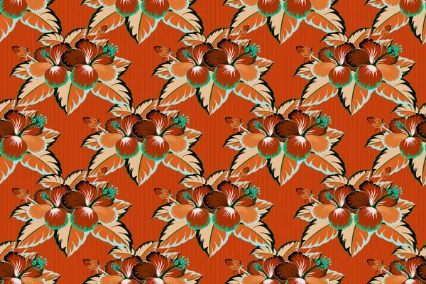 Vintage style. Tropical flowers, hibiscus leaves, hibiscus buds, seamless raster floral pattern in gray, orange and green colors.