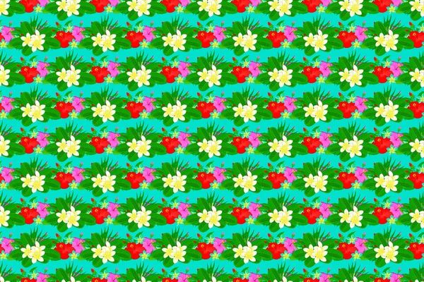 Floral print. Repeating raster hibiscus flowers pattern. Modern motley floral seamless pattern on a blue background.