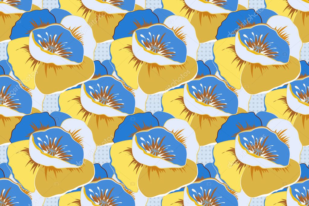 Seamless hand-drawn poppy flower pattern in blue, gray and yellow colors.