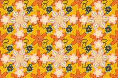 Suluboya efektli çiçek arkaplanı. Yatak çarşafları, ceket, paket tasarımı, kumaş ve moda kavramları için tekstil baskısı. Çiçekler ve yapraklar turuncu, sarı ve bej renklerle kusursuz desen.