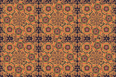 Sarı, turuncu ve kahverengi desenli. Doğum günü kartı, davetiye ya da afiş için iyi. Dekoratif simetri arabesk. Ortaçağ çiçek desenli. Raster illüstrasyonu.