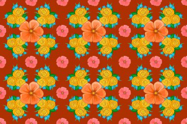 Soyut, soyut, sarı, pembe ve turuncu renklerde desenler. Eğri kıvrımlı zarif kozmos çiçekleri, yapraklar ve parşömenler soyut çiçek süsü oluşturuyorlar. Arabesk.