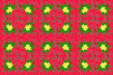 Kırmızı arka planda kusursuz soyut çiçek deseni. Güzel bir arkaplan. Grafiksel modern model. Plumeria çiçekleriyle kusursuz desen. Geometrik yaprak süsü.