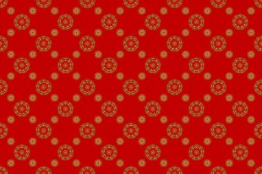 Altın pürüzsüz desen. Kırmızı arka planda altın süslemeli Raster eskizi.