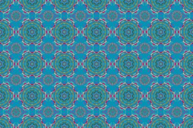 Raster illüstrasyonu. Kusursuz damaske deseni. Mavili, sarı ve kırmızı renkli Victoria dönemi arkaplanı..