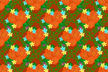 Dekoratif gül çiçekleri ve yeşil yapraklı turuncu, yeşil ve sarı renkli kusursuz arkaplan deseni. Raster illüstrasyonu.