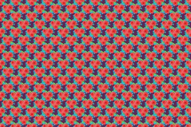 Mor arka planda, gül çiçekleri ve yeşil yapraklı pürüzsüz raster deseni. Çiçek arka planı.