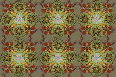 Pek çok çiçek desenli desenli kumaş. Turuncu, kahverengi ve bej renklerde kusursuz çiçek deseni.