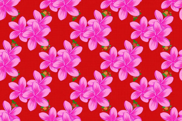 Rastrowa Ilustracja Bezszwowy Wzór Kwiatowy Stylizowanymi Kwiatami Plumerii Czerwonym Tle — Zdjęcie stockowe