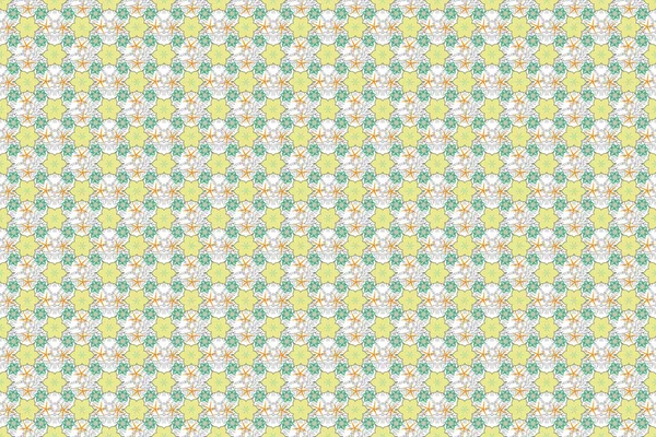 Raster illustration. Graphic print flower pattern in beige, blue and yellow colors. Seamless pattern raster background with stylized little flowers.