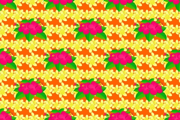 Seamless pattern with plumeria flowers. Seamless abstract floral pattern on a orange background. Graphic modern pattern. Cute raster background. Geometric leaf ornament.