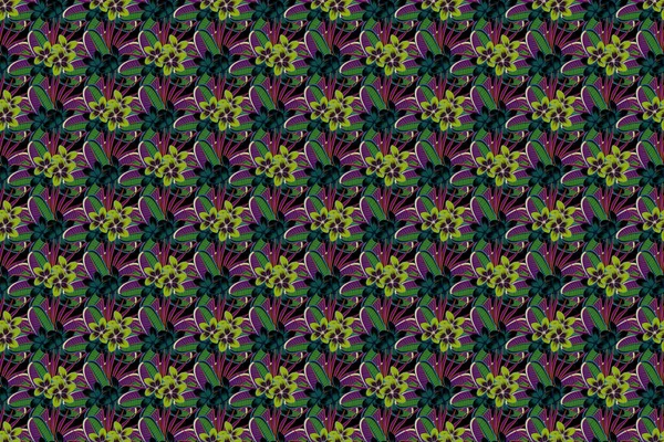 Floral wallpaper in purple and green colors. Raster striped seamless pattern with plumeria flowers. Decorative ornament for fabric, textile, wrapping paper. Traditional seamless paisley pattern.