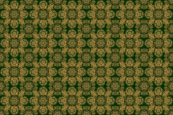 Stylized golden stars, snowflakes and grids. Ethnic Indian folklore. Raster abstract seamless patchwork background with green and golden ornaments, geometric Moroccan seamless pattern.