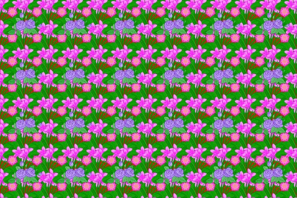 Naadloos Bloemenpatroon Schattige Rozenbloemen Groene Bladeren Magenta Groene Roze Kleuren — Stockfoto