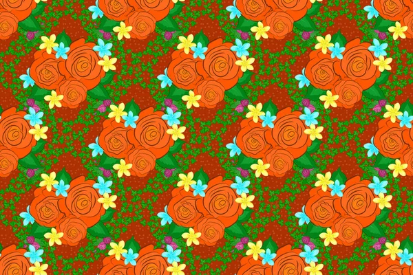 Nahtloses Hintergrundmuster Mit Dekorativen Rosenblüten Und Grünen Blättern Orange Grün — Stockfoto