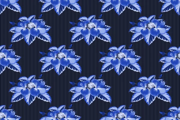 Raster Sketch Many Black Violet Blue Flowers Seamless Pattern Black — Stock Photo, Image