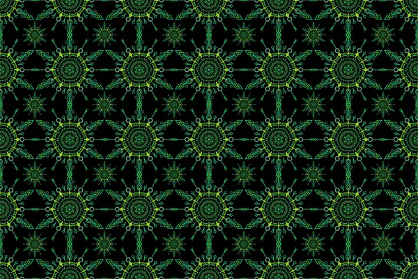 Красивая Растровая Ручная Иллюстрация Элегантный Зеленый Бесшовный Узор Цветочными Мандаловыми — стоковое фото