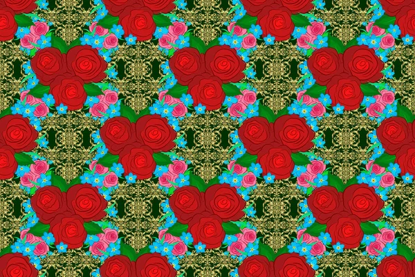 Floral Print Repeating Raster Rose Flowers Green Leaves Pattern Modern — Stock Photo, Image