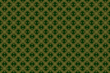 Raster illüstrasyonu. Basit, pürüzsüz bir desen. Yeşil arka planda altın yıldızlar. Klasik süs.