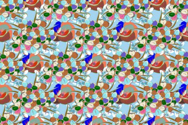 Davetiyeler, tebrik kartları, hatıra defteri, baskı, hediye paketi ve kumaş imalatı için süslü püslü desenler. Kahverengi, turuncu ve mavi renkli dekoratif çiçeklerle zarif, pürüzsüz desen..