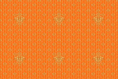 Turuncu bir zeminde altın dairesel mandala, yıldızlar ve kar taneleri ile geleneksel süs arkaplanının pürüzsüz deseni..