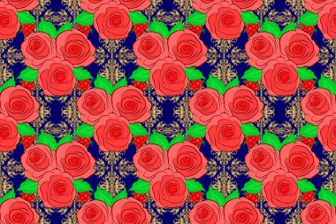 Soyut zarafet pürüzsüz desen gül çiçekleri ve yeşil yapraklar pembe, turuncu ve mavi renklerde..