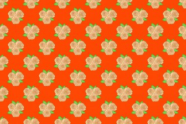 Süslü gül çiçekleri ve yeşil yapraklarla bej, yeşil ve turuncu renklerde etnikesiz desenler. Raster illüstrasyonu.