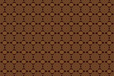 Kahverengi arka planda altın elementlerle kusursuz bir desen. Doğu tarzında raster altından bir süs. Metin, davetiye kartları, çeşitli yazdırma sürümleri için tasarım.
