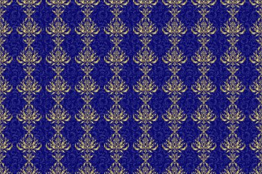 Kusursuz desenli oryantal süs. İslami raster tasarımı. Çiçek kiremitleri. Mavi ve altın tekstil baskısı.