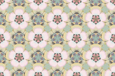 Kusursuz, soyut el fırça darbesi çiçek desenli doku. Basit modern simge izi sarı, bej ve gri renklerde..