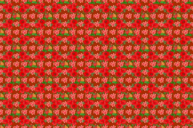 Yeşil, kırmızı ve turuncu renklerde soyut şirin çiçek deseni. Raster illüstrasyonu. Parlak güzel gelincik çiçekleri pürüzsüz arkaplan.