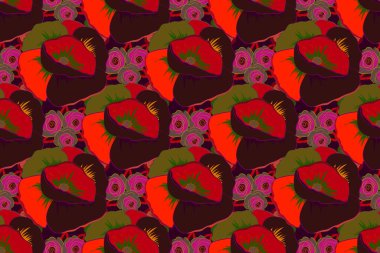 Şirin gelincik desenli, Kırmızı, kahverengi ve morumsu renkte Raster çiçekleri. Çizgili arkaplanda suluboya desensiz.