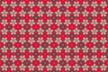 Gri, bej ve kırmızı renklerde tropikal yapraklar ve çiçeklerle Raster pürüzsüz arkaplan deseni.