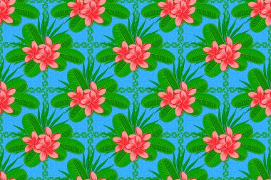 Plumeria çiçekleri mavi arka planda pürüzsüz desen oluşturur. Sevimli Raster çiçek arkaplanı.