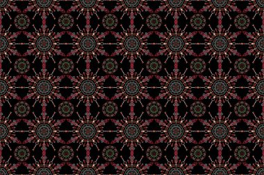 Ikat damaskesiz desen arka plan fayansları üzerinde pembe ve yeşil renklerde.