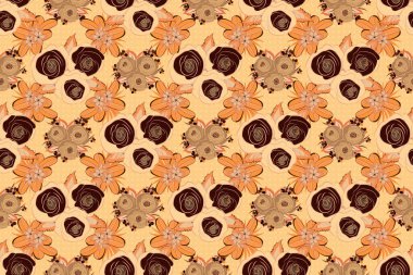Raster arka plan çizimi. Kahverengi, turuncu ve bej renklerde soyut, pürüzsüz desen. Doğa gülleri.