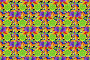 Şirin kainattaki kusursuz çiçek deseni yeşil, mavi ve sarı renklerde. Raster illüstrasyonu.