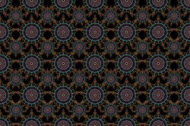 Raster dikişsiz damaske deseni, klasik duvar kağıdı, arka plan. Siyah arkaplanda pembe ve mavi renkli süsleme kenarlığı.