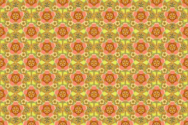 Turuncu, pembe ve sarı renkli çiçeklerle suluboya desenli. Soyut çiçekli zarif bir desen. Dekorasyon ve tasarım için güzel bir raster deseni. Vintge biçiminde moda yazdırma.