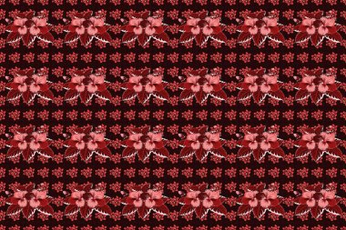 Açan orman, kusursuz amber deseni. Kırmızı, siyah ve pembe tropikal çiçeklerle kusursuz egzotik desen. Motley raster çizimi.