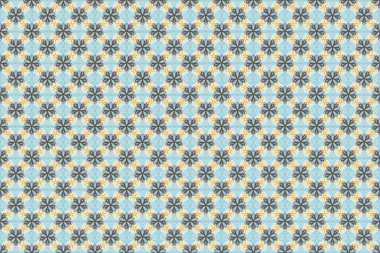 Optik yanılsama. Çiçeklerin bej, mavi ve kahverengi renklerdeki kusursuz dokusu. Raster illüstrasyonu iç tasarım, baskı, web ve tekstil tasarımı için iyidir..
