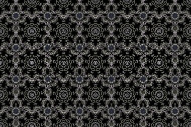 Duvar kâğıdı barok, İspanyol kumaşı. Çiçeksiz desen. Siyah arkaplanda çok renkli bir süs. Kusursuz arkaplan.