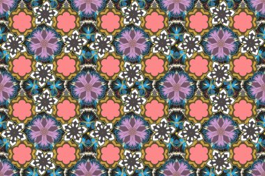 Çiçeksiz desen. Üzerinde kahverengi, pembe ve gri renkte güzel çiçekler olan bahar kağıdı. Raster illüstrasyonu.