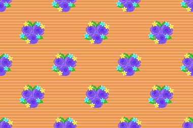 Tarz verilmiş gül çiçekleri ve turuncu, bej ve menekşe rengi yeşil yapraklarla kusursuz çiçek deseni. Raster illüstrasyonu.