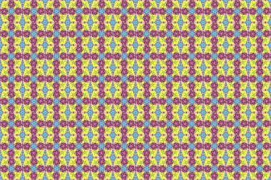 Moda tekstili ve kumaşı için nakış. Raster çiçek desenli süs. İşlemesiz desenli, mavi, mor ve sarı renkli güzel çiçekler..