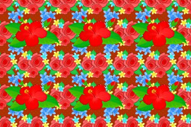 Motley pürüzsüz desen. Raster hibiscus çiçeği arka planı. Güzel yeşil, turuncu ve kırmızı çiçekli..