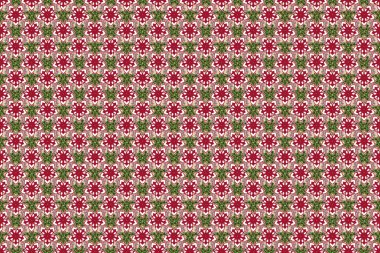 Yeşil, pembe ve bej renkli dairesel mandala, yıldızlar ve kar taneleri elsments ile geleneksel süs arkaplanının pürüzsüz deseni.